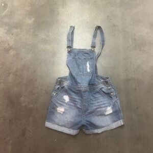 Women's light wash denim‎ overall shorts